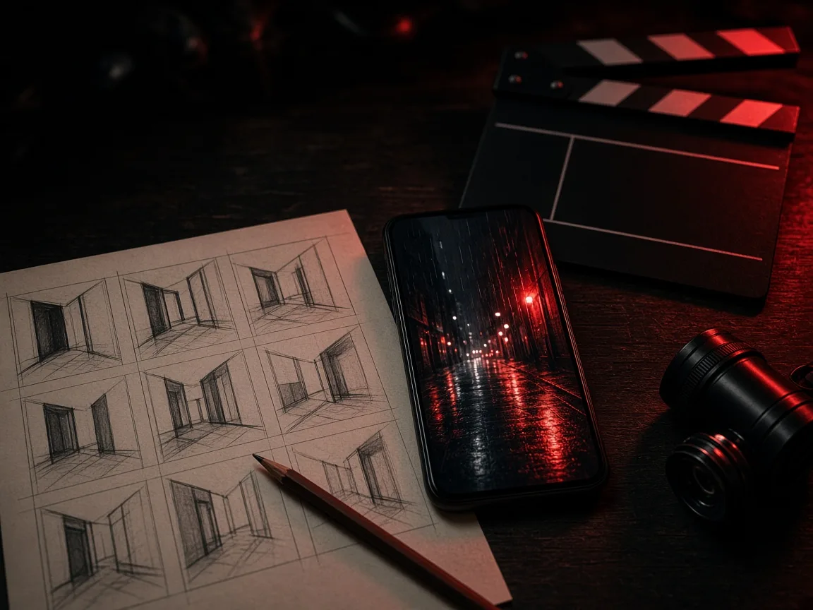 Pencil storyboard of vertical frames beside a phone showing a rainy neon-lit street at night, with a clapperboard and a director's viewfinder