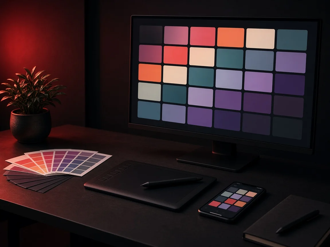 Dark design studio desk with a monitor showing a grid of colour tiles, a drawing tablet and stylus, fanned colour swatches and a phone