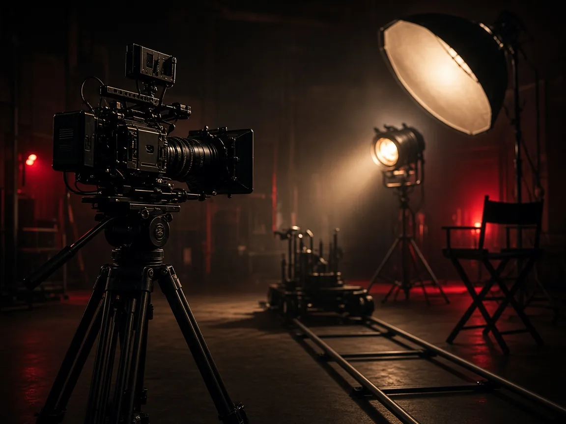 Cinema camera on a tripod on a film set with warm lights and a director chair