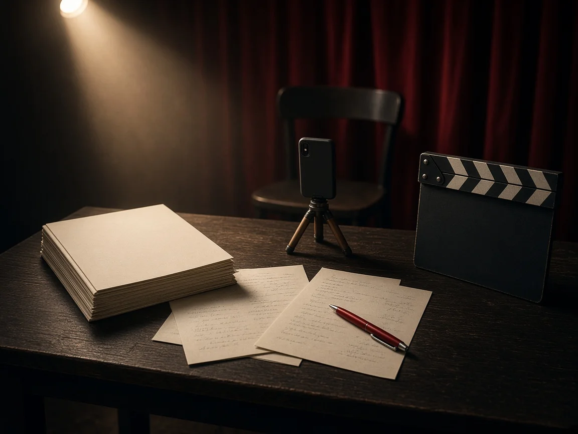 Bound screenplay and marked-up script pages with a red pen beside a clapperboard and a phone on a small tripod, under a warm stage light with a red curtain behind