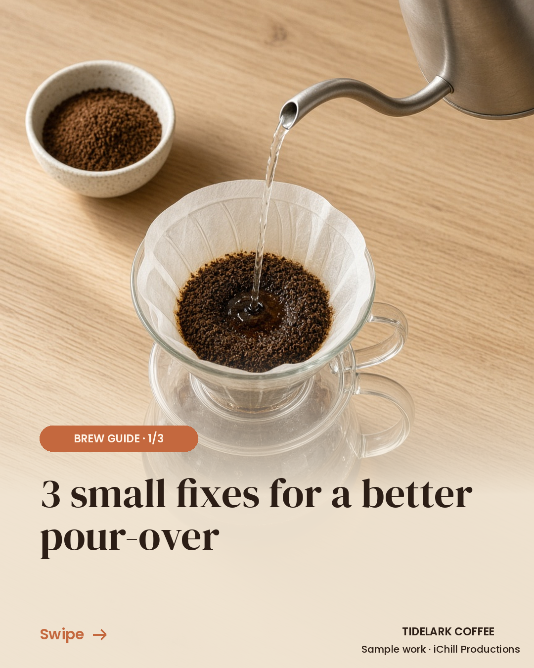 Slide 1: pour-over coffee being brewed, title "3 small fixes for a better pour-over."