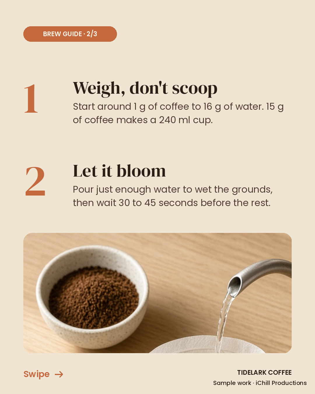 Slide 2: tips on weighing coffee and blooming.