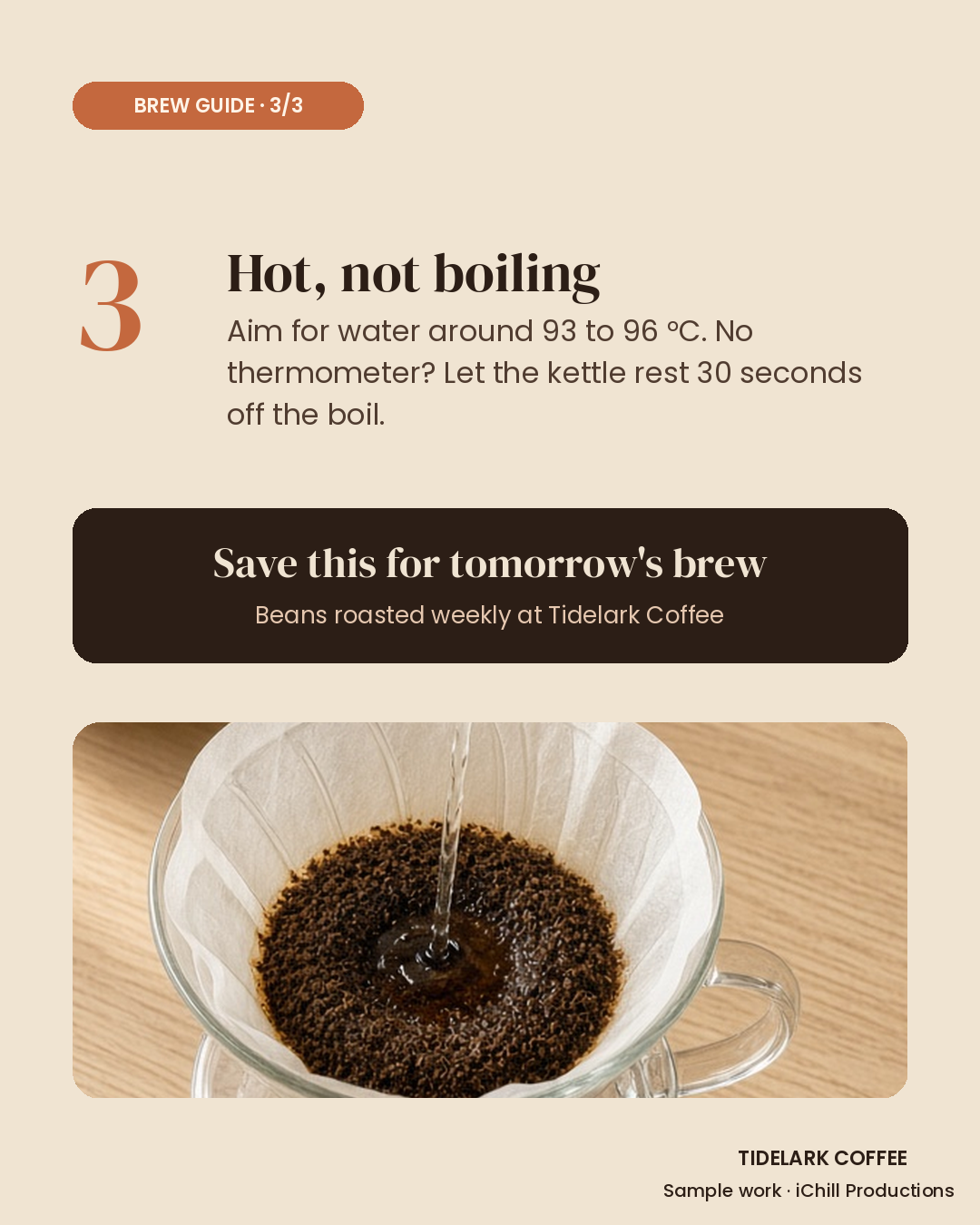 Slide 3: water temperature tip and "Save this for tomorrow's brew."