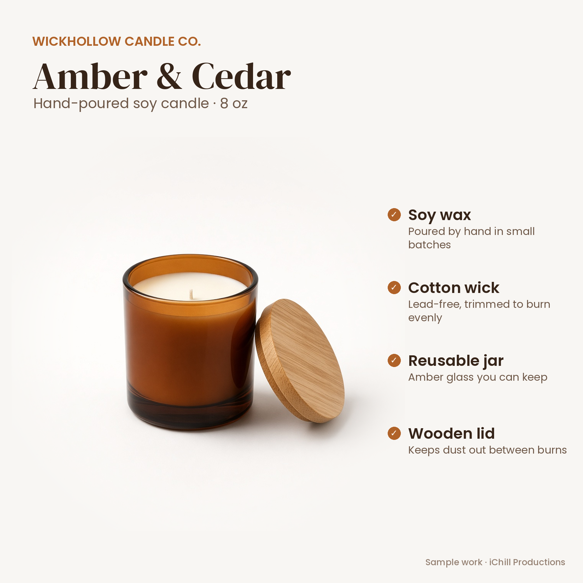 Concept product image of an amber glass soy candle with a wooden lid, titled "Amber & Cedar," with callouts for soy wax, cotton wick, reusable jar and wooden lid.