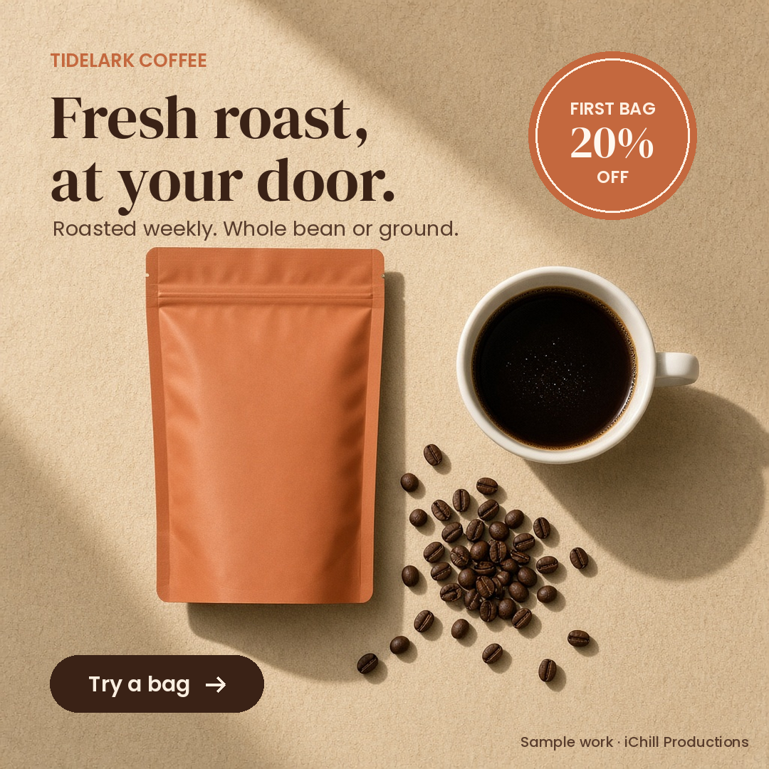 Concept square ad for fictional Tidelark Coffee showing a coffee pouch, cup and beans with the headline "Fresh roast, at your door."