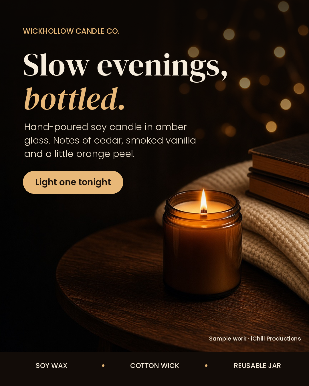 Concept ad for fictional Wickhollow Candle Co. with a lit amber candle and the headline "Slow evenings, bottled."