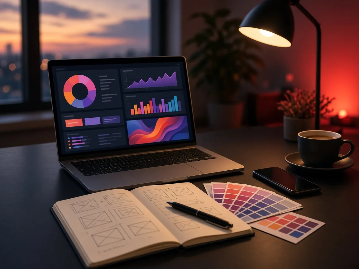 Marketing and content workspace with a laptop showing campaign charts, a sketch notebook and colour swatches