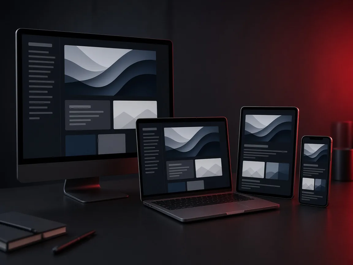 News website design shown on a desktop monitor, laptop, tablet and phone