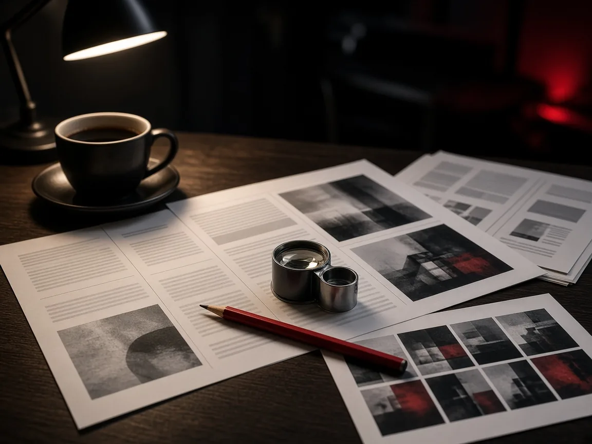 Editorial desk with printed magazine page layouts, a red pencil and a loupe under a desk lamp, illustrating digital publishing and magazine website design