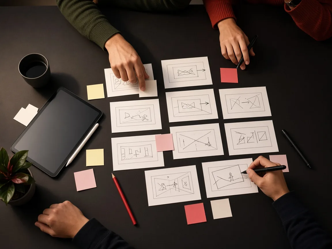 Team planning session seen from above, arranging storyboard cards and sticky notes on a dark table
