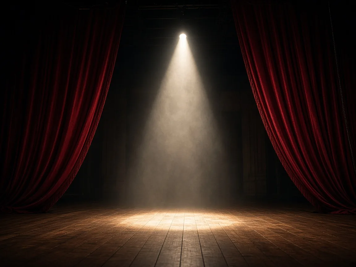 Empty theatre stage under a single spotlight framed by red velvet curtains