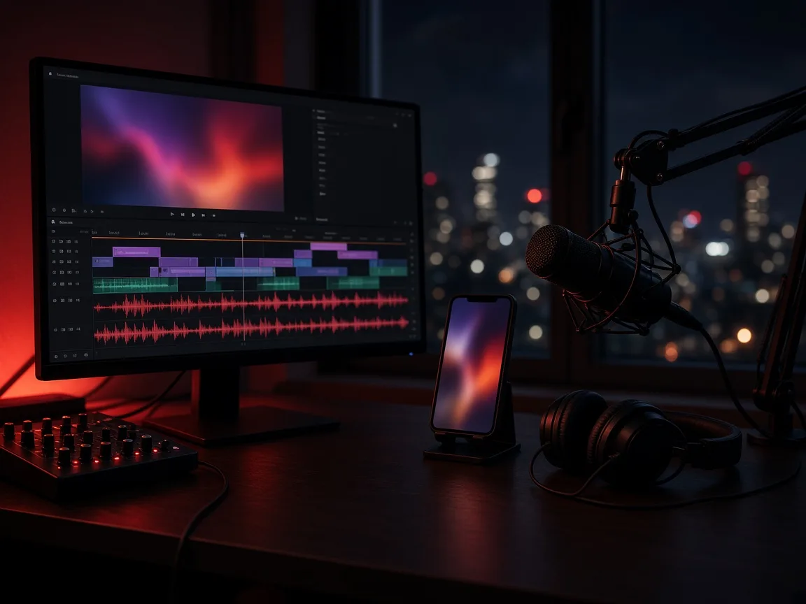 Video editing desk at night with an editing timeline on a monitor, a phone on a stand, a studio microphone and headphones
